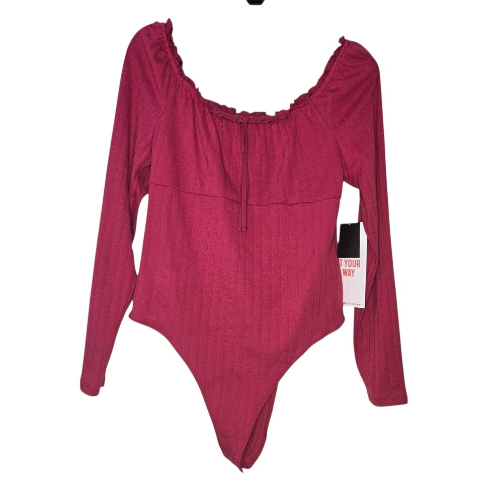 Celebrity Pink NEW Magenta Lettuce Trim Bodysuit Juniors XL 15-17 Ribbed